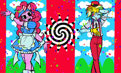 Size: 2048x1237 | Tagged: safe, artist:redactedhaunt, pinkie pie, rainbow dash, human, equestria girls, g4, bow, confetti, hair bow, hatsune miku, kasane teto, looking at you, mesmerizer, name tag, sharp teeth, teeth, vocaloid, worried