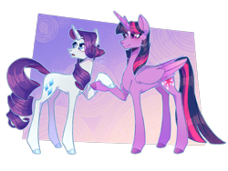 Size: 2000x1500 | Tagged: safe, artist:dawnsummers101, rarity, twilight sparkle, alicorn, pony, unicorn, g4, blushing, concave belly, cutie mark, duo, duo female, female, females only, holding hooves, horn, lesbian, long legs, mare, ship:rarilight, shipping, signature, slender, thin, twilight sparkle (alicorn), wings