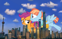 Size: 958x602 | Tagged: artist needed, safe, anonymous artist, artist:cloudy glow, artist:deyrasd, scootaloo, windy whistles, pegasus, pony, adopted, adopted daughter, adopted offspring, city, clothes, cute, daaaaaaaaaaaw, dialogue in the description, embarrassed, female, filly, foal, freckles, giantess, grin, headcanon, headcanon in the description, highrise ponies, jacket, looking at each other, looking at someone, macro, mare, mother and child, mother and daughter, nuzzling, scootadoption, scootalove, sky, smiling, smiling at each other, spread wings, story included, sweet dreams fuel, wholesome, wings