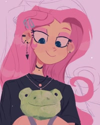 Size: 1440x1800 | Tagged: safe, artist:dreamz, fluttershy, human, equestria girls, g4, build-a-bear, choker, ear piercing, eyeliner, eyeshadow, female, hairclip, jewelry, lavender background, lidded eyes, looking down, makeup, necklace, piercing, plushie, simple background, smiling, solo, spring frog