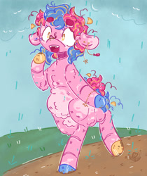 Size: 1280x1523 | Tagged: safe, artist:tottallytoby, pinkie pie, earth pony, pony, semi-anthro, g4, alternate color palette, alternate design, alternate eye color, alternate hair color, alternate hairstyle, alternate tail color, alternate tailstyle, belly fluff, big ears, bracelet, chest fluff, chubby, cloud, colored belly, colored eartips, colored eyebrows, colored eyelashes, colored hooves, curly mane, curly tail, dirt road, ear piercing, earring, eyebrows, eyebrows visible through hair, facial markings, fangs, female, floppy ears, fupa, grass, hooves, human shoulders, jewelry, leg fluff, mare, mud, muddy hooves, multicolored hooves, neck fluff, open mouth, outdoors, pale belly, piercing, pink coat, pubic fluff, rain, raised hoof, shiny hooves, short mane, short tail, shoulder fluff, shrunken pupils, solo, splotches, tail, thick eyebrows, two toned mane, two toned tail, walking, wall of tags, wide eyes, wingding eyes, yellow eyes