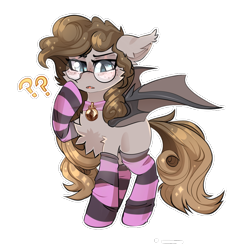Size: 900x880 | Tagged: safe, artist:star-theft, oc, oc only, bat pony, pony, bat pony oc, bell, bell collar, chest fluff, clothes, collar, female, freckles, glasses, mare, question mark, simple background, socks, solo, striped socks, transparent background