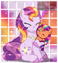 Size: 1088x1180 | Tagged: safe, artist:rosebutterfly014, sunny starscout, earth pony, pony, g4, g5, my little pony: tell your tale, female, g4 style, g5 to g4, generation leap, mother and child, mother and daughter, watermark