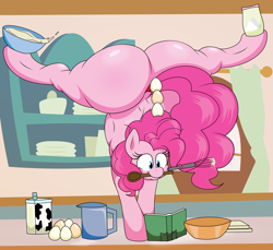 Size: 2725x2500 | Tagged: safe, artist:isaac_pony, pinkie pie, earth pony, pony, g4, alcohol, ass up, baking, balancing, balloonbutt, book, butt, countertop, egg, female, handstand, huge butt, kitchen, large butt, mare, milk, mouth hold, muscles, plot, prehensile mane, solo, sugarcube corner, upside down, whiskey, window
