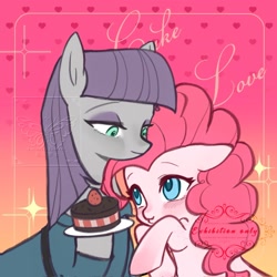Size: 1819x1819 | Tagged: safe, artist:ganningganning, maud pie, pinkie pie, earth pony, pony, g4, blushing, cake, duo, duo female, female, food, gradient background, mare, plate, siblings, sisters, smiling, text