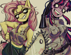 Size: 2800x2200 | Tagged: safe, artist:zxmxrxd, fluttershy, twilight sparkle, pegasus, unicorn, anthro, .mov, shed.mov, g4, beige background, breasts, busty fluttershy, busty twilight sparkle, chainsaw, clothes, duo, duo female, female, fluttershed, grin, high res, horn, lab coat, simple background, smiling, vial