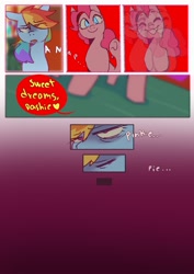 Size: 1448x2048 | Tagged: safe, artist:piesinful, pinkie pie, rainbow dash, earth pony, pegasus, pony, comic:unlucky day, fanfic:cupcakes, g4, closing eyes, comic, dialogue, drugged, duo, duo female, eye clipping through hair, eyebrows, eyebrows visible through hair, eyes closed, female, indoors, lidded eyes, looking at you, mare, narrowed eyes, no catchlights, offscreen character, open mouth, open smile, passing out, pov, smiling, smiling at you, speech bubble, sugarcube corner, this will end in pain and/or death, unconscious, wide smile