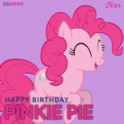 Size: 2160x2160 | Tagged: safe, artist:zslnews, pinkie pie, earth pony, pony, g4, ^^, eyes closed, female, happy birthday, mare, open mouth, purple background, simple background, solo