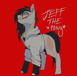 Size: 2048x2017 | Tagged: safe, artist:piesinful, earth pony, pony, burn scar, burned, clothes, hoodie, jeff the killer, male, meme, ponified, red background, scar, simple background, solo, stallion