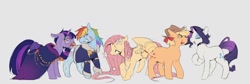 Size: 2048x690 | Tagged: safe, artist:piesinful, applejack, fluttershy, rainbow dash, rarity, twilight sparkle, earth pony, pegasus, pony, unicorn, comic:unlucky day, fanfic:cupcakes, alternate hairstyle, applejack's hat, bow, cloak, clothes, cowboy hat, ear piercing, earring, female, flower, flower in hair, freckles, glasses, gray background, hair bow, hat, horn, jacket, jewelry, lichtenberg scar, mare, piercing, scar, simple background, unicorn twilight, wingless