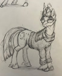 Size: 1678x2048 | Tagged: safe, artist:asheslulamoon, moondancer, pony, unicorn, g4, black and white, clothes, female, glasses, grayscale, horn, mare, monochrome, sketch, sweater, traditional art, unshorn fetlocks
