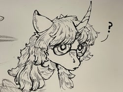 Size: 2048x1536 | Tagged: safe, artist:asheslulamoon, oc, oc only, oc:midnight moon, pony, unicorn, bust, cheek fluff, curved horn, female, glasses, grayscale, horn, mare, monochrome, question mark, solo, traditional art