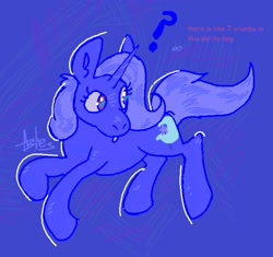 Size: 1598x1500 | Tagged: safe, artist:asheslulamoon, trixie, pony, unicorn, g4, abstract background, female, horn, mare, offscreen character, question mark, solo, text