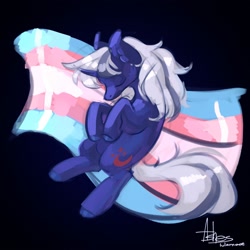 Size: 2000x2000 | Tagged: safe, artist:asheslulamoon, oc, oc only, pony, unicorn, black background, curved horn, female, horn, lying down, mare, pride, pride flag, simple background, sleeping, solo, trans day of visibility, transgender pride flag