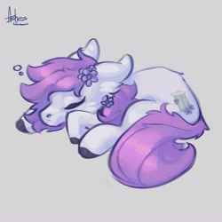 Size: 2048x2048 | Tagged: safe, artist:asheslulamoon, oc, oc only, earth pony, pony, commission, curled up, female, flower, flower in hair, gray background, lying down, mare, prone, simple background, sleeping, ych result