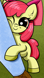Size: 1080x1920 | Tagged: safe, artist:scandianon, apple bloom, earth pony, pony, g4, female, filly, foal, happy, hug, one eye closed, smiling