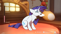 Size: 2560x1440 | Tagged: safe, artist:skitsroom, part of a set, rarity, pony, unicorn, g4, cute, cyrillic, disembodied hand, eyes closed, female, floppy ears, genshin impact, hand, horn, mare, ponified scene, raribetes, sitting