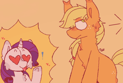 Size: 677x461 | Tagged: safe, artist:b4rkzal0t, applejack, rarity, earth pony, pony, unicorn, g4, cheek fluff, chest fluff, duo, ear fluff, exclamation point, female, freckles, heart, heart eyes, horn, lesbian, ship:rarijack, shipping, sweat, tongue out, wingding eyes
