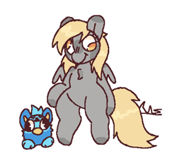 Size: 457x399 | Tagged: safe, artist:b4rkzal0t, derpy hooves, pegasus, pony, g4, bipedal, chest fluff, derp, duo, female, furby, mare, simple background, white background