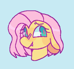 Size: 313x292 | Tagged: safe, artist:b4rkzal0t, fluttershy, pegasus, pony, g4, alternate hairstyle, blue background, bust, female, mare, short hair, simple background, snaggletooth, solo