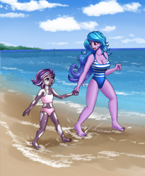 Size: 1800x2200 | Tagged: safe, artist:zachc, izzy moonbow, violette rainbow, human, equestria girls, g4, g5, barefoot, beach, clothes, commission, equestria girls-ified, feet, holding hands, looking at each other, looking at someone, one-piece swimsuit, open mouth, open smile, smiling, swimsuit