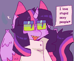 Size: 512x424 | Tagged: safe, artist:b4rkzal0t, twilight sparkle, alicorn, clothes, colored wings, curved horn, dialogue, female, floating heart, glasses, heart, horn, jacket, mare, sharp teeth, simple background, solo, speech bubble, spread wings, teeth, twilight sparkle (alicorn), wings