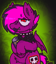 Size: 306x346 | Tagged: safe, artist:b4rkzal0t, oc, oc only, oc:violet valium, bat pony, pony, undead, vampire, abstract background, can, choker, clothes, drink, ear piercing, energy drink, fangs, jacket, monster energy, nonbinary, piercing, pubic fluff, solo, spiked choker, unshorn fetlocks