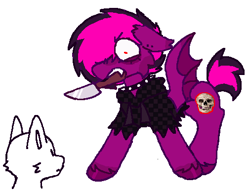 Size: 506x385 | Tagged: safe, artist:b4rkzal0t, oc, oc only, oc:violet valium, bat pony, undead, vampire, choker, clothes, duo, ear piercing, furry, hair over one eye, jacket, knife, mouth hold, nonbinary, piercing, simple background, spiked choker, spread wings, unshorn fetlocks, white background, wings