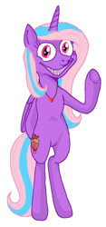 Size: 478x1019 | Tagged: safe, artist:moondeer1616, oc, oc only, oc:heart sparkle, alicorn, .mov, creepy, creepy smile, female, heart necklace, mare, necklace, pony.mov, simple background, smiling, waving, waving at you, white background