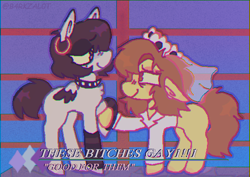 Size: 586x415 | Tagged: safe, artist:b4rkzal0t, earth pony, pegasus, pony, choker, clothes, context in description, duo, ear piercing, earring, female, jewelry, leg warmers, lesbian, mare, marriage, piercing, ponified, shirt, spiked choker, veil, wedding veil
