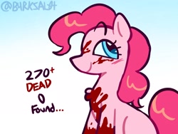 Size: 2048x1536 | Tagged: safe, artist:b4rkzal0t, pinkie pie, earth pony, pony, g4, blood, blushing, chest fluff, eyebrows, eyebrows visible through hair, female, gradient background, implied murder, mare, solo