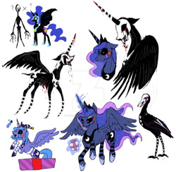 Size: 905x883 | Tagged: safe, artist:moondeer1616, nightmare moon, princess luna, alicorn, g4, blood, crossover, deviantart watermark, female, five nights at freddy's, floating, fusion, glowing, glowing horn, group, horn, jewelry, mare, marionette, obtrusive watermark, puppet, regalia, s1 luna, simple background, watermark, white background, young luna