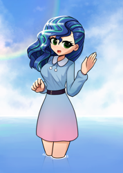 Size: 2508x3528 | Tagged: safe, artist:howxu, misty brightdawn, human, g5, alternate hairstyle, belt, clothes, cloud, commission, cute, dress, humanized, light skin, mistybetes, open mouth, open smile, partially submerged, rainbow, smiling, standing in water, sweet dreams fuel, water, waving