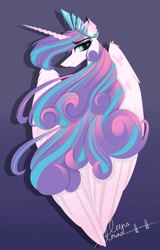 Size: 1168x1821 | Tagged: safe, artist:lunaalmond, princess flurry heart, alicorn, pony, g4, female, flowing mane, gradient background, large wings, long mane, looking at you, looking back, looking back at you, mare, older, older flurry heart, signature, smiling, smiling at you, solo, wings