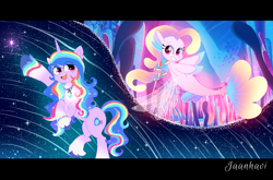 Size: 4178x2754 | Tagged: safe, artist:jaanhavi, destiny (g5), izzy moonbow, pony, seapony (g4), unicorn, g5, my little pony: tell your tale, the blockywockys, spoiler:g5, spoiler:my little pony: tell your tale, spoiler:tyts02e00, bioluminescent, bubble, coral, cute, digital art, dorsal fin, duo, duo female, female, fin, fin wings, fins, fish tail, floppy ears, flowing mane, flowing tail, glowing, high res, horn, izzy rainbow, jade sea, letterboxing, looking at you, mare, nova charm, ocean, open mouth, open smile, seaweed, smiling, smiling at you, sparkles, spread wings, swimming, tail, transparent wings, underwater, water, wings