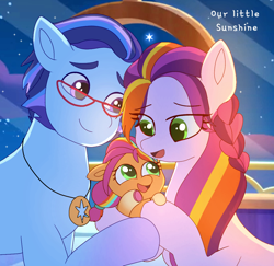 Size: 1098x1066 | Tagged: safe, artist:jaanhavi, argyle starshine, sunny starscout, sunny starscout's mother, pony, g5, my little pony: tell your tale, written in the starscouts, spoiler:g5, spoiler:my little pony: tell your tale, spoiler:tyts02e11, baby, baby pony, baby sunny starscout, father and child, father and daughter, female, male, mare, mother and child, mother and daughter, stallion, trio, younger