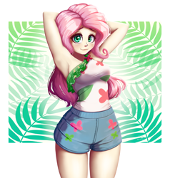 Size: 3334x3508 | Tagged: safe, artist:the-park, fluttershy, human, equestria girls, equestria girls specials, g4, my little pony equestria girls: spring breakdown, arm behind head, clothes, female, high res, looking at you, passepartout, sash, shorts, smiling, smiling at you, solo