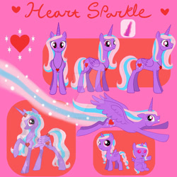 Size: 894x894 | Tagged: safe, artist:moondeer1616, oc, oc only, oc:heart sparkle, alicorn, crystallized, deviantart watermark, female, filly, flight trail, flying, foal, glowing, glowing horn, heart necklace, horn, mare, necklace, obtrusive watermark, pink background, reference sheet, simple background, watermark