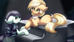 Size: 7000x4000 | Tagged: safe, artist:natanvok, applejack, coloratura, earth pony, pony, g4, absurd resolution, duo, duo female, ear fluff, female, looking at someone, lying down, mare, musical instrument, open mouth, open smile, piano, prone, smiling, tail