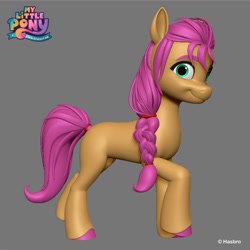 Size: 1440x1440 | Tagged: safe, artist:borja l-galiano, sunny starscout, earth pony, pony, g5, official, 3d, braid, braided ponytail, concave belly, concept art, eyebrows, eyelashes, female, gray background, hooves, logo, looking at you, looking sideways, mare, missing cutie mark, ponytail, quadrupedal, raised hoof, raised leg, scrunchie, simple background, slender, smiling, smiling at you, solo, standing, standing on two hooves, thin, unshorn fetlocks