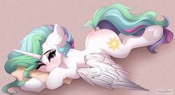 Size: 7000x3800 | Tagged: safe, artist:natanvok, princess celestia, alicorn, pony, g4, absurd resolution, blushing, butt, cute, cutelestia, dimples of venus, dock, ear fluff, eyebrows, eyebrows visible through hair, female, frog (hoof), hoofbutt, horn, looking at you, lying down, mare, one eye closed, pillow, plot, prone, solo, sploot, sunbutt, tail, underhoof, wings