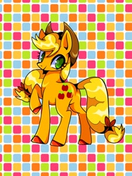 Size: 1200x1600 | Tagged: safe, artist:stacy_165cut, applejack, earth pony, pony, g4, abstract background, applejack's hat, colored hooves, cowboy hat, female, full body, hairband, hat, looking at you, mare, raised hoof, smiling, smiling at you, solo