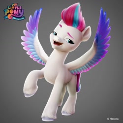 Size: 1440x1440 | Tagged: safe, artist:borja l-galiano, part of a set, zipp storm, pegasus, pony, g5, my little pony: a new generation, official, 3d, colored wings, concept art, eyebrows, female, fluffy, gradient background, hasbro, lidded eyes, logo, looking at you, mare, multicolored wings, my little pony logo, open mouth, open smile, raised eyebrow, raised hoof, raised leg, smiling, solo, spread wings, standing on two hooves, teeth, three quarter view, unshorn fetlocks, wings