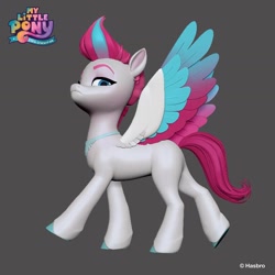 Size: 1440x1440 | Tagged: safe, artist:borja l-galiano, part of a set, zipp storm, pegasus, pony, g5, my little pony: a new generation, official, 3d, colored wings, concave belly, concept art, eyebrows, female, fit, frown, gray background, hasbro, hooves, lidded eyes, looking at you, looking down, looking down at you, mare, multicolored wings, my little pony logo, peytral, raised eyebrow, side view, simple background, slender, solo, spread wings, strutting, thin, unamused, wings, zipp storm is not amused
