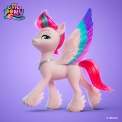 Size: 1440x1440 | Tagged: safe, artist:borja l-galiano, artist:jonatancatalan, part of a set, zipp storm, pegasus, pony, g5, my little pony: a new generation, official, 3d, colored wings, concave belly, concept art, eyebrows, feathered fetlocks, fluffy, hooves, jewelry, looking at you, multicolored wings, my little pony logo, necklace, peytral, regalia, simple background, slender, solo, spread wings, thin, unshorn fetlocks, wings