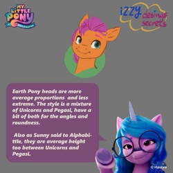 Size: 1440x1440 | Tagged: safe, artist:borja l-galiano, part of a set, izzy moonbow, sunny starscout, pony, g5, my little pony: a new generation, official, concept art, duo, english, female, gray background, hasbro, hoof heart, mare, misspelling, my little pony logo, simple background, text, underhoof, unshorn fetlocks, upside-down hoof heart