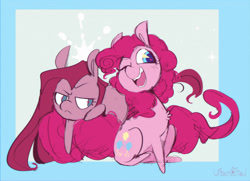 Size: 2832x2048 | Tagged: safe, artist:urbanqhoul, pinkie pie, earth pony, pony, g4, blue background, chest fluff, duality, duo, duo female, female, frown, heart, heart eyes, high res, mare, one eye closed, open mouth, open smile, passepartout, pinkamena diane pie, signature, simple background, smiling, wingding eyes