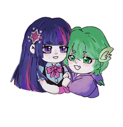 Size: 2654x2742 | Tagged: safe, artist:mianwith6k, spike, twilight sparkle, human, g4, cute, duo, duo female, female, green hair, human spike, humanized, purple hair, simple background, smiling, transparent background