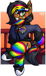 Size: 1000x1637 | Tagged: safe, artist:notetaker, oc, oc only, oc:notetaker, earth pony, pony, abstract background, bench, clothes, converse, ear piercing, fake cutie mark, glasses, hair dye, hoodie, nonbinary, pansexual pride flag, pentagram, piercing, pins, pride, pride flag, pride socks, rainbow socks, shoes, socks, solo, striped socks, trans rights, transgender pride flag