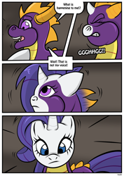 Size: 2480x3507 | Tagged: safe, artist:rex-equinox, rarity, dragon, pony, unicorn, character to character, comic, dragon to pony, high res, horn, solo, speech bubble, spyro the dragon, spyro the dragon (series), transformation